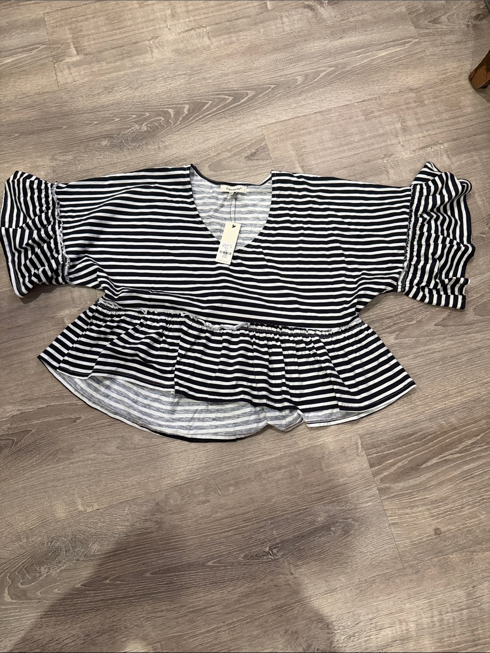 Francesca's Collections navy & White Striped Ruffle Peplum Top